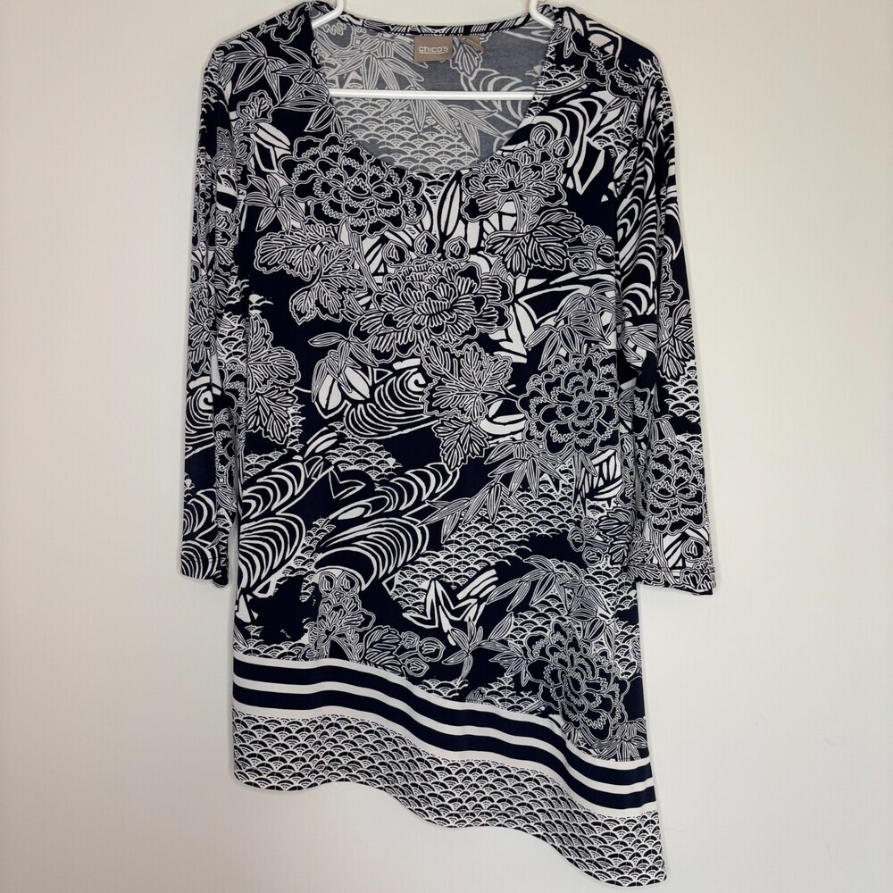 CHICO'S Asymmetrical Tunic Womens L Navy White Flowy Floral Poly Spandex Stretch